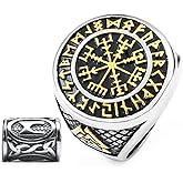 Gungneer Golden Stainless Steel Viking Compass Vegivisir Ring for Men Women, Norse Pagan Jewelry Ring Viking Rune Beard Beads Gift
