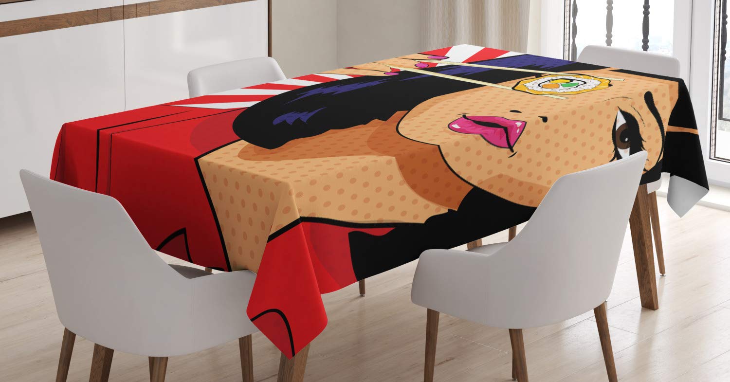ABAKUHAUS Sushi Tablecloth, Pop Art Style Dotted Portrait of an Girl Holding a Sushi Roll with Chopsticks, Dining Room Kitchen Table Cover, 54" x 78", Red Purple
