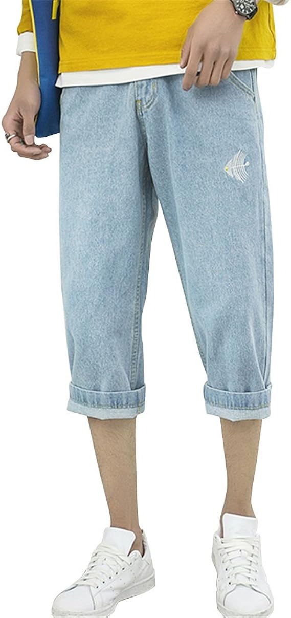 Amazon リュハイ 夏 メンズ 薄い 七分丈 ジーンズ トレンド ルーズ カジュアル ダメージ デニム パンツ ライトブルー34 ミディアムパンツ 通販