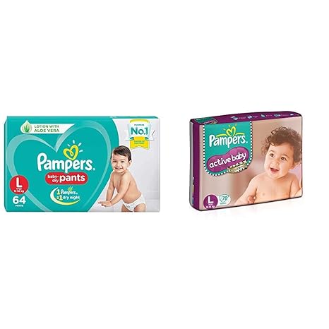 Pampers New Diapers Pants, Large (64 Count) & Pampers Active Baby Diapers, Large (78 Count)