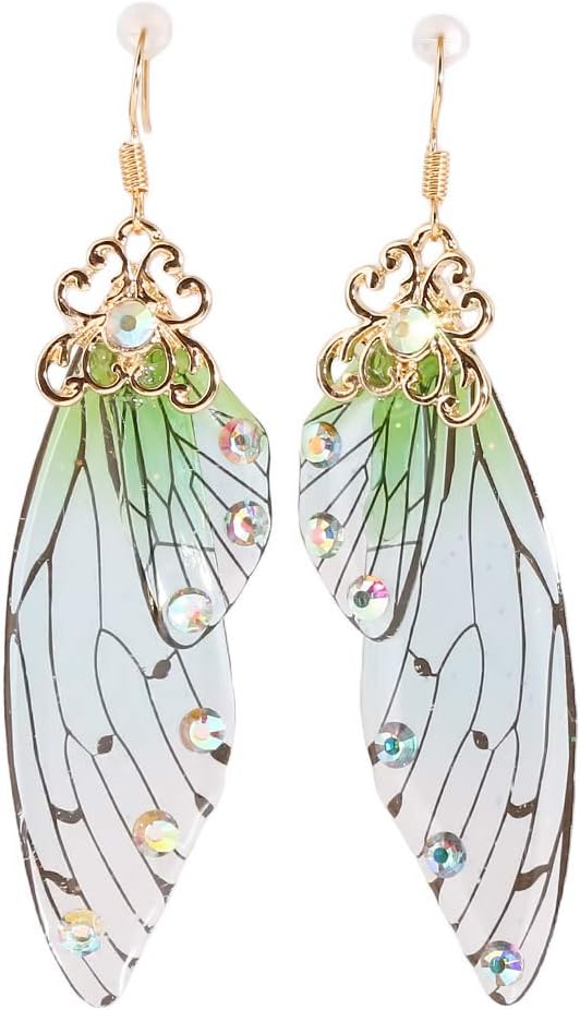 CAVIVI Women Butterfly Earrings Vintage Handmade Wing Drop Earing Thread Dangle Earring Elegant Fairy Rhinestone Jewelry Gift,green