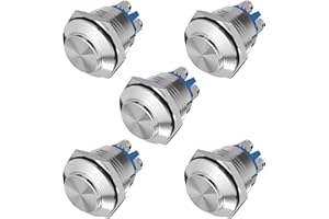 APIELE 16MM Momentary Push Button Switch 16mm Momentary Push Button Switch High Round Cap Waterproof Stainless Steel High Flush Screw Terminals 250V AC 5A 12V 36V DC 2A 1NO SPST (5pcs Silver)