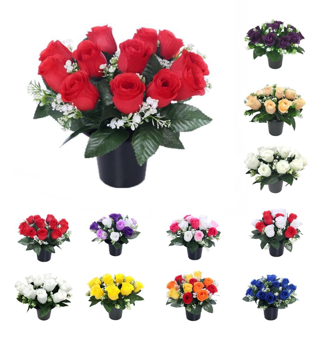 Artificial Grave Flower Pot with Foam Insert – UV-Resistant, Long-Lasting Memorial & Cemetery Flowers for Grave Displays, Home & Garden, Weatherproof Faux Floral Arrangement (Red)