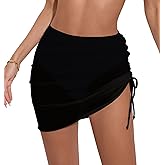 Leoparts Women's High Waisted Bikini Bottom with Mesh Sheer Skirt Ruched Drawstring Swimsuit Bathing Suit Bottom