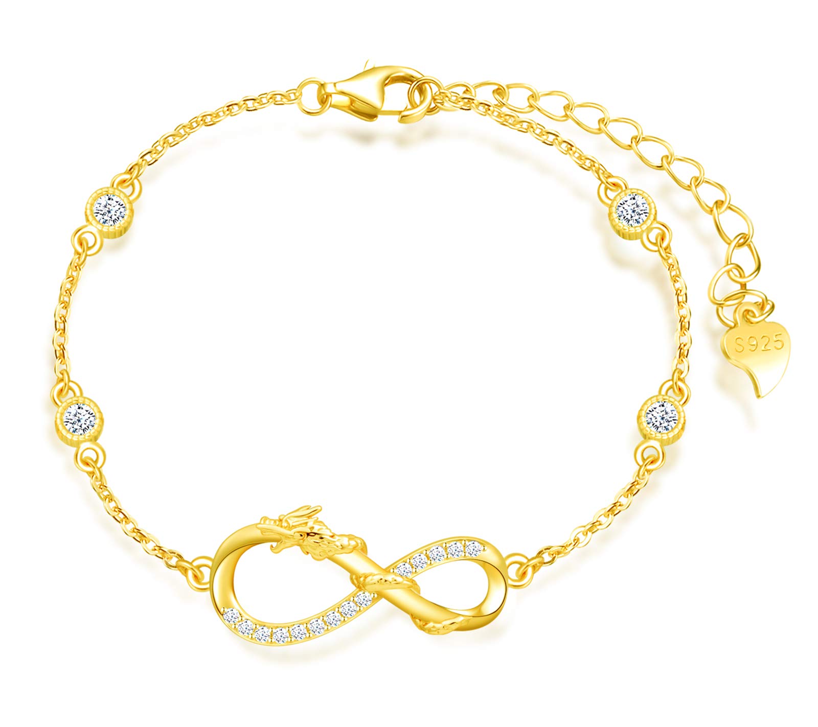 MicLee Woman's girl's Bracelet, 925 Sterling Silver bracelet, Lucky Dragon and infinity symbol bracelet, Inlaid with zircon, adjustable chain, Unique design animal bracelet, gold