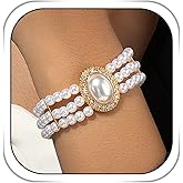 Dmaiy Pearl Rhinestone Bracelet Gold Layered Bracelets Jewelry Sparkly Strand Bracelet for Wedding Birthday Party Daily