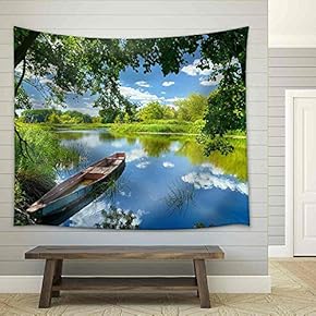 Spring Summer Landscape Blue Sky Clouds Narew River Boat Green Trees Countryside Grass Poland Water Leaves - Fabric Wall Tapestry Home Decor - 51x60 inches