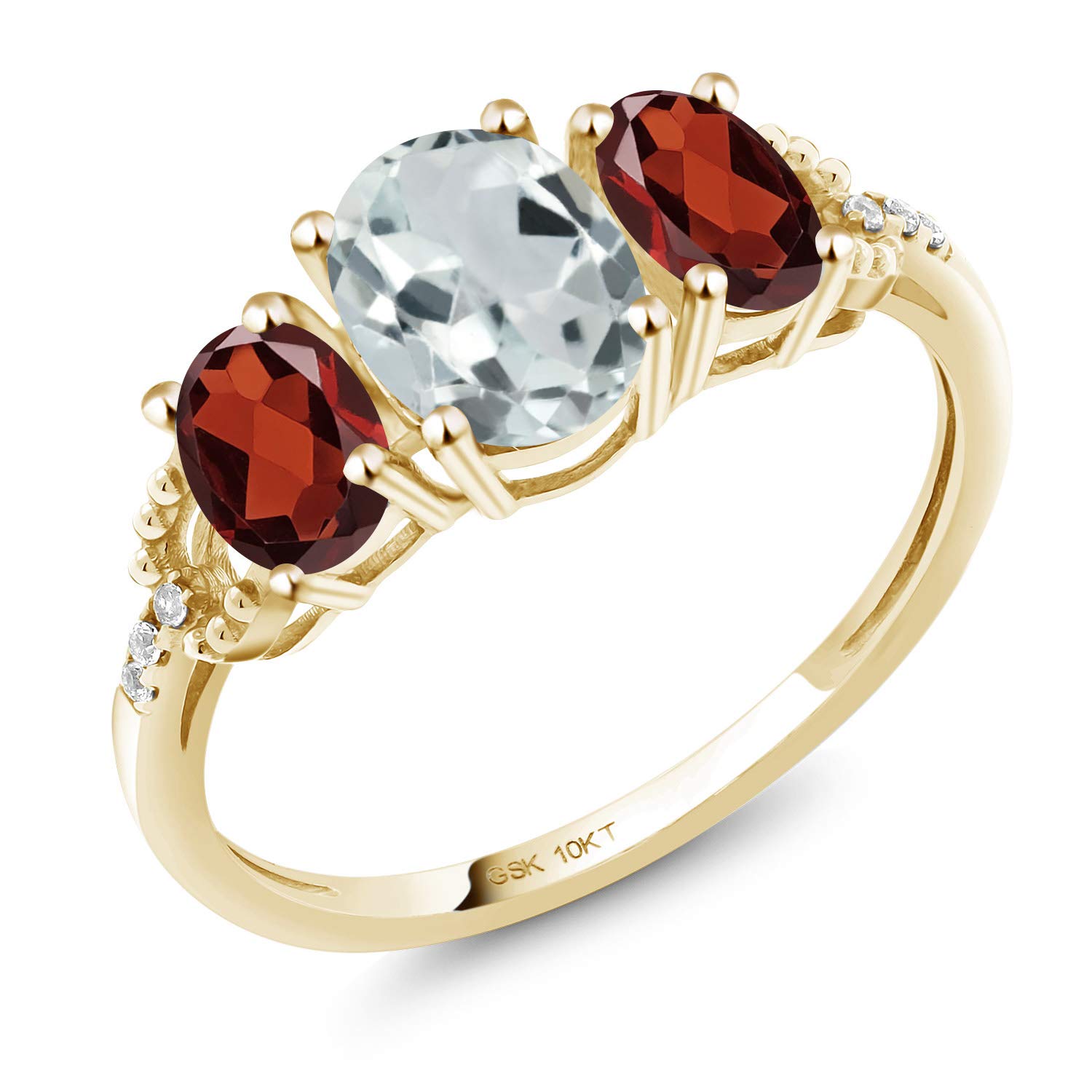 Gem Stone King 10K Yellow Gold Engagement Ring 1.91 Ct Oval Sky Blue Aquamarine Red Garnet
