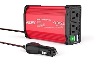 ALLWEI 300W Power Inverter DC 12V to 110V AC, Compact Car Plug Adapter Outlet with 27W PD USB-C &18W USB-A Fast Charging, Cigarette Lighter Adapter Car Charger for Phone, Laptop on Road Trip - Red