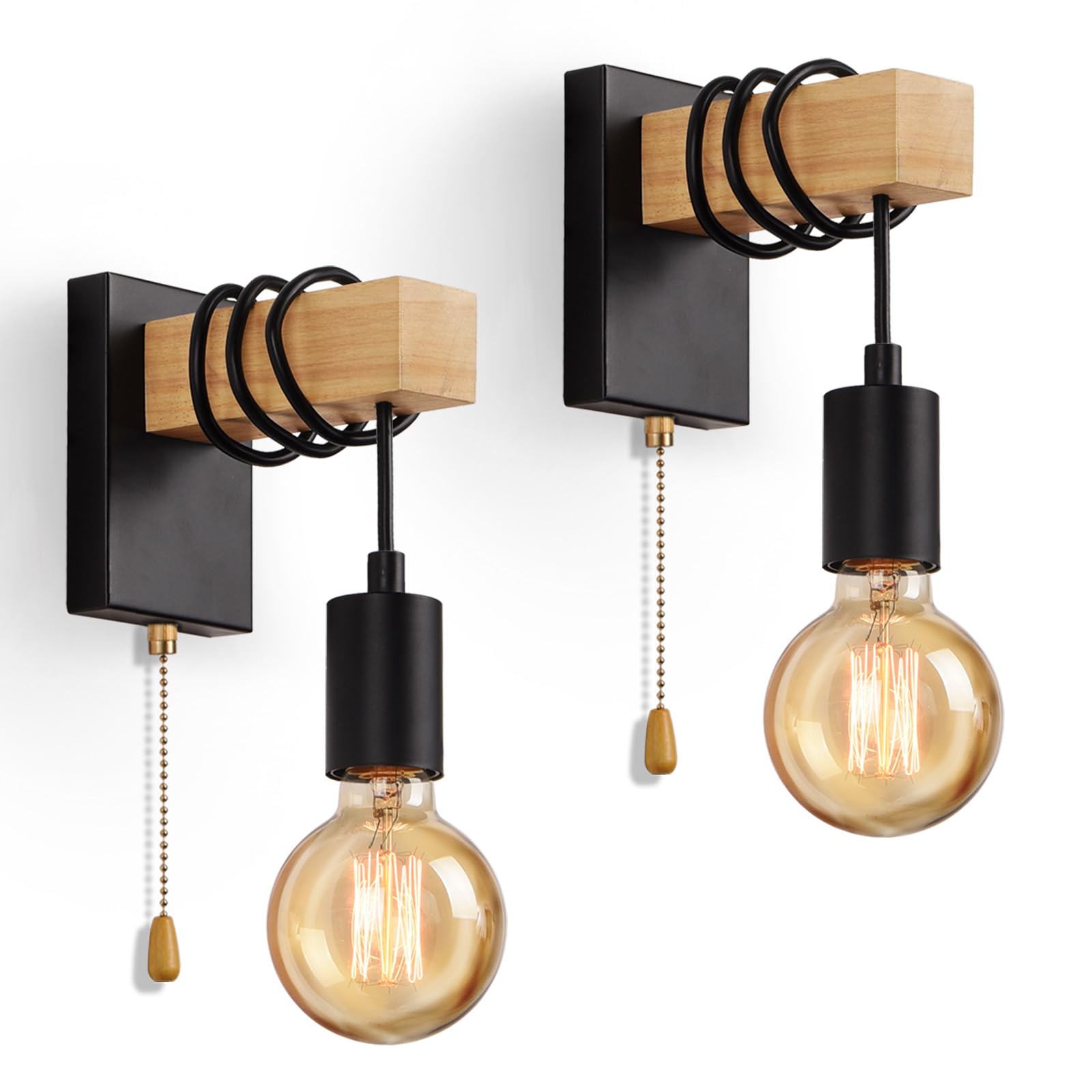 Lightsjoy 2 Pack Pull Cord Wall Lights Industrial Wall Lights Indoor Wood Wall Sconces Rustic Wall Lamps E27 Base Internal Black Light Fitting Living Room Bedroom Stair Hallway Restaurant-Black