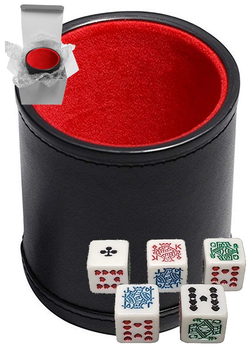 Set of Dice Cup Black PU Leather w/Plush Red Felt Lining + Poker Dice White Squared Corner Clubs Ace (Gift Boxed) — image 1