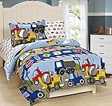 Mk Collection Twin Size Trucks Tractors Cars Kids/boys 5 Pc Comforter and Sheet Set Blue Red Yellow New (Twin, Trucks)