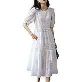 chouyatou Women's Summer Puff Sleeve Midi Long Floral Eyelet Dress Embroidery Flowy Swing Party Dress