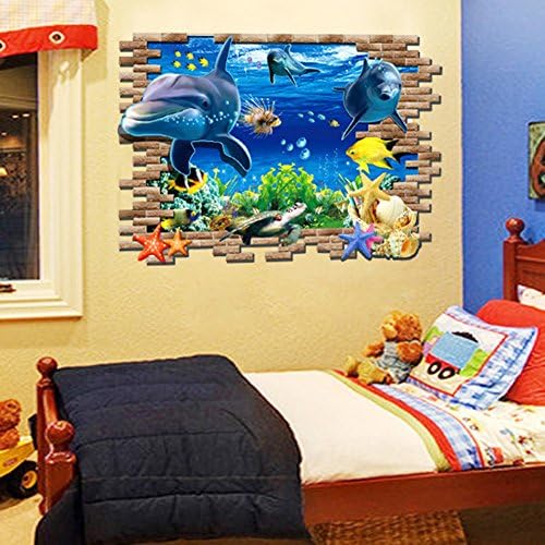 Wowall 3D Dolphin Broken Wall Hole Underwater Sea World Children's Bedroom Wall Stickers