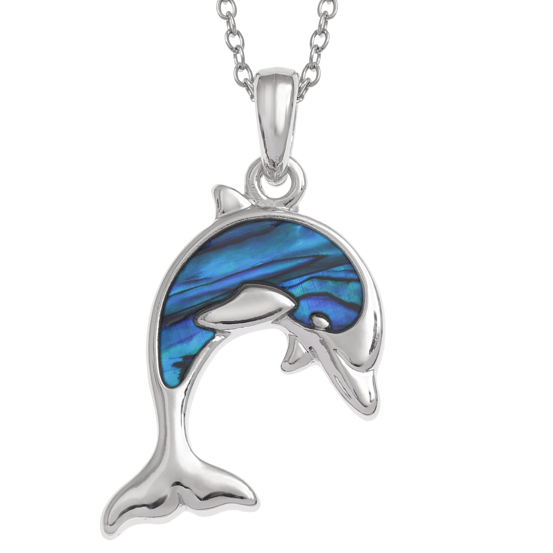 Kiara Jewellery Dolphin Pendant Necklace Inlaid With Natural Bluish Paua Abalone Shell on 18" Trace Chain. Anti Tarnish Plating