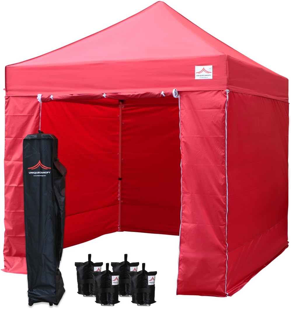 UNIQUECANOPY 8'x8' Ez Pop Up Canopy Tent Commercial Instant Shelter, with 4 Removable Zippered Side Walls and Heavy Duty Roller Bag, 4 Sand Bags Red