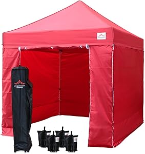 UNIQUECANOPY 8'x8' Ez Pop Up Canopy Tent Commercial Instant Shelter, with 4 Removable Zippered Side Walls and Heavy Duty Roller Bag, 4 Sand Bags Red