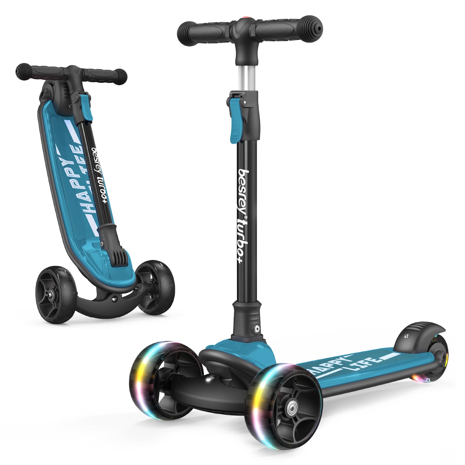 besrey Kids Scooter - Big Wheels Foldable Kick Scooter with Flashing LED Lights for Boys Girls, 4 Levels Height Adjustable, 3 Wheel Scooter for Kids Ages 2-10 with Safe Lean to Steer Design