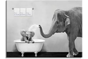 Funny Elephant Bathroom Decor Wall Art, Warm Canvas Prints of Mother & Child Playing Water in Bath Crock, Bathtub Picture wit