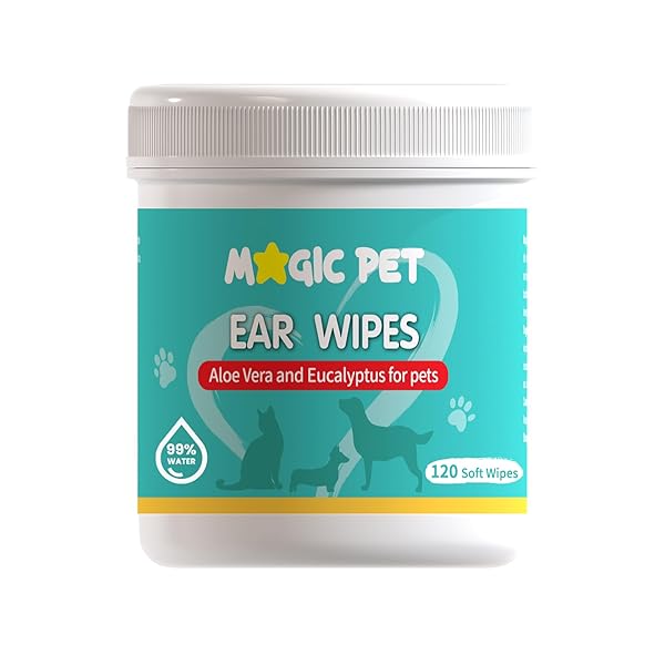 MAGIC PET – DOG EAR CLEANER WIPES — 120 GROOMING WIPES W/ALOE VERA & EUCALYPTUS — GENTLE 99% WATER PET EAR WIPES FOR ODOR & WAX REMOVAL — OTIC DOGS & CATS EARS CLEANSER ITCH-FREE PET GROOMING SUPPLIES