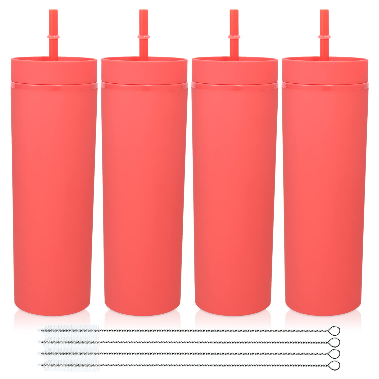 Volhoply 20oz Plastic Skinny Tumblers Bulk 4 Pack,Double Wall Tumbler with Lid and Straw,BPA Free Matte Acrylic Water Cups for Parties(Red, 4 Set)