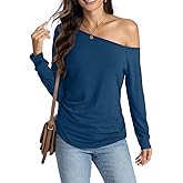 Eachyes Womens Off Shoulder Side Ruched Shirt Long Sleeve Casual Boat Neck Tee Loose Fit Y2K Going Out Top Fall Blouse