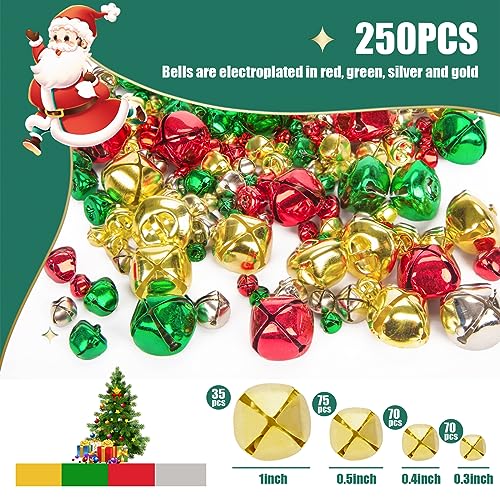Shindel 250PCS Jingle Bells Bulk, Jingle Bells for Crafts Colorful Christmas Bells 4 Assorted Sizes for DIY Craft Christmas Birthday Wedding