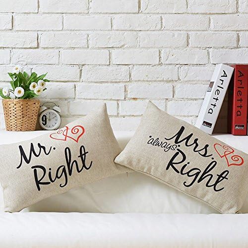 Set of 2 Cushion Cover Red Heart &amp; Mr. Right And Mrs. Always Right Printed Linen Flax Throw Pillow Case Square Pillowcase Pillowslip For Couples Wedding Day Anniversary Gift 30 X 50 cm