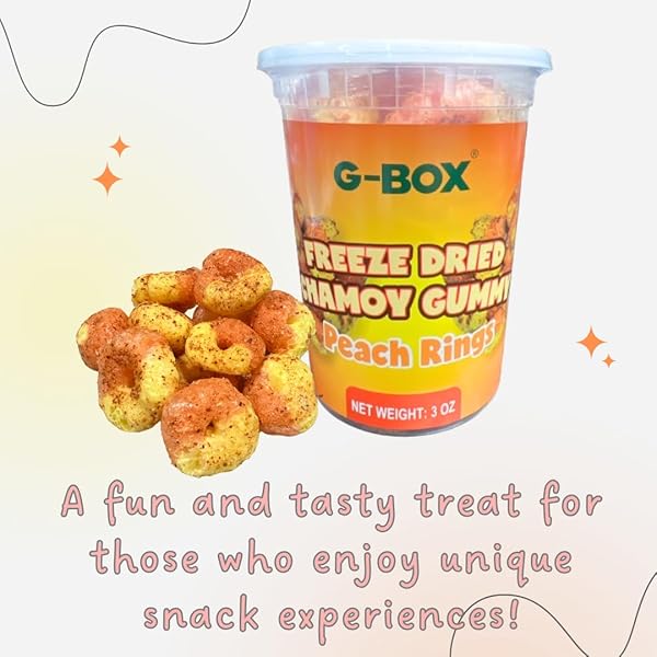 G-BOX FREEZE DRIED PEACH RINGS, TIKTOK TREND ITEMS, FREEZE DRIED CANDY, SPICY MEXICAN CANDY DELIGHTFUL CRUNCHY FRUITY FLAVORFUL BURST, AIR-TIGHT SEALED IN A CONTAINER (CHAMOY CANDY)