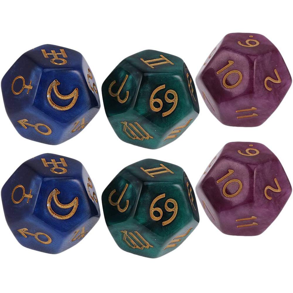 POFET 2 Set 6pcs Multicolor 12 Sided Resin Dice Astrology Tarot Constellation Divination Model A