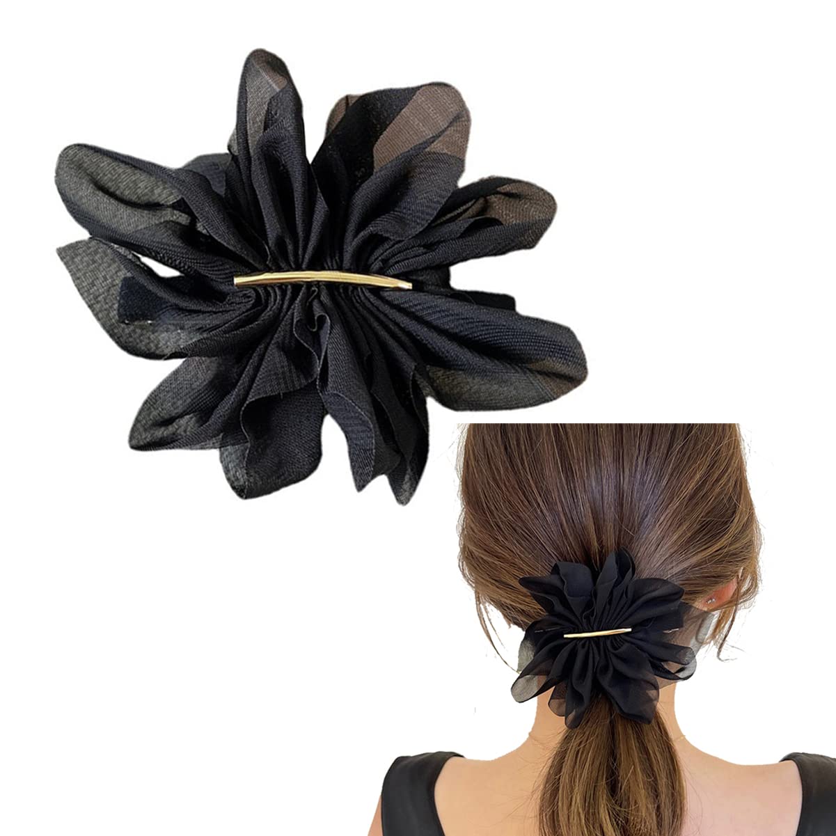scicent Hair Clips Solid Black Color Flower Hairpin French Barrette with Soft Chiffon Fabric for Women Girls Hair Barrettes Accessories, Black