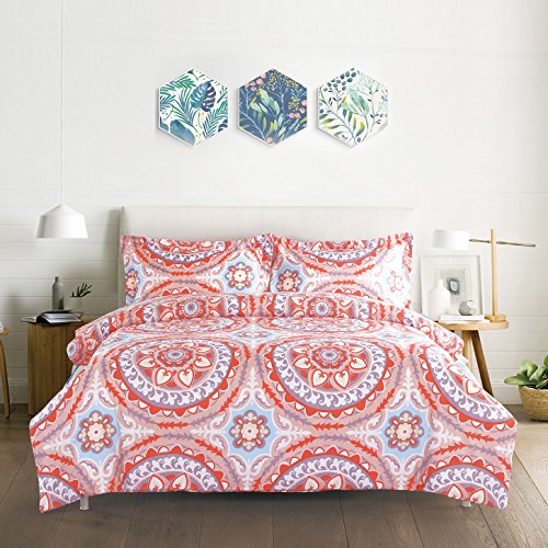 Bohemian Comforter Set Queen, 3-Piece Coral Pink Boho Chic Mandala Medallion Printed on White, Soft Microfiber Bedding (3pcs, Queen Size)