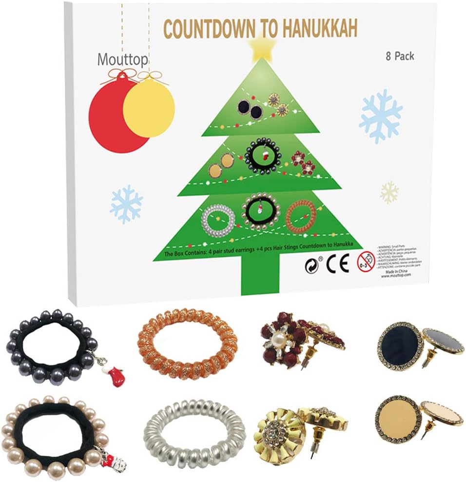 Hanukkah Countdown Jewelry Bundle –，4 Bracelets and 4 Earrings Elegant Outlook ，Reusable Package Multiple Utility