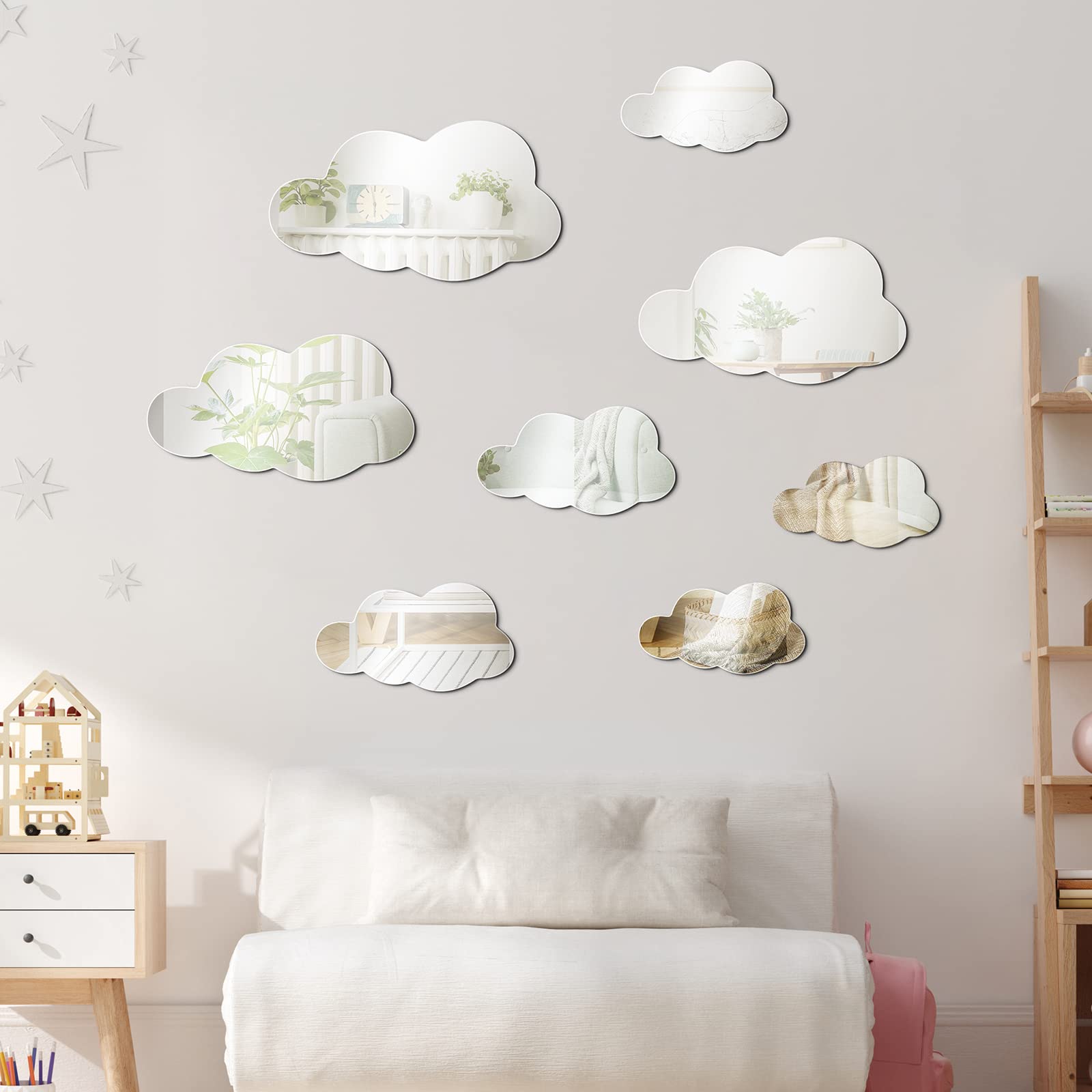 Photo 1 of 8 Pcs 3D Acrylic Cloud Shape Mirror Wall Art Decor Removable Self Adhesive Decorative Cloud Mirror Stickers Decals for Kids Girls Bedroom Bathroom Playroom Living Room Nursery Decoration