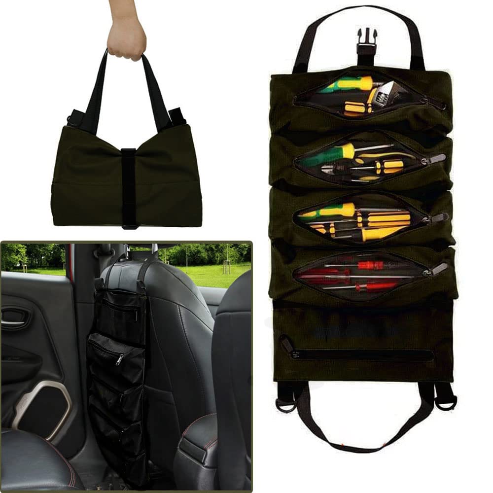 DZOZO Tool Bag Roll Up Pouch 5 Zipper Pockets Foldable Canvas Organizer Hanging Wrench Storage Multi-Purpose Organizer, Black, 47cm x 28cm