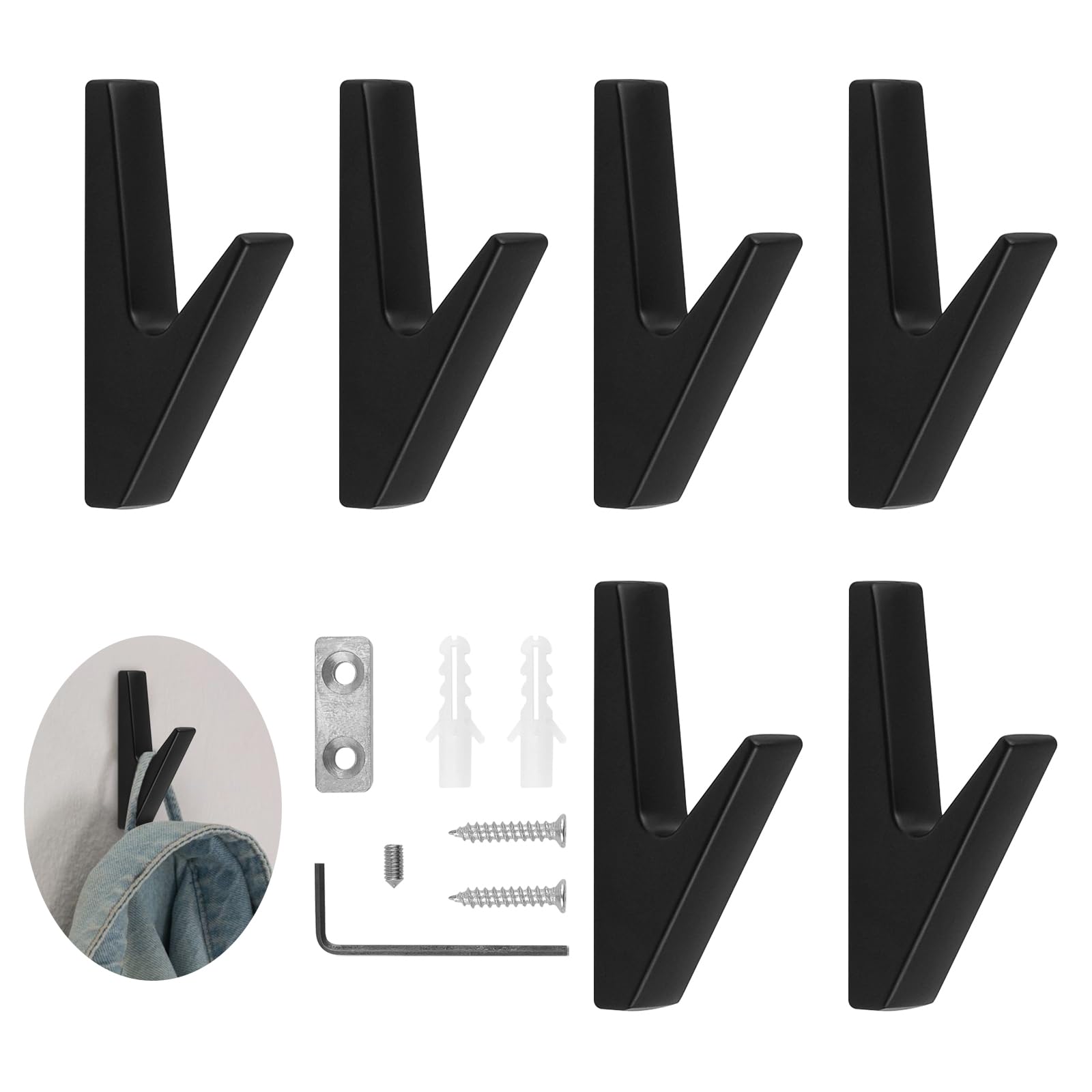 MABAHON 6 Set Bathroom Hooks,Black Towel Hooks for Bathroom,Zinc Alloy Hat Hook,Black Coat Hook for Wall,Door Hook Load Capacity up to 20 kg (Matt Black)