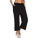 LNX Womens Linen Capri Pants Wide Leg High Waisted Drawstring Casual Cropped Pants with Pockets