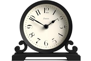 JONES CLOCKS® Saloon Mantel Clock | Traditional Double Scroll Design | Black | Contemporary Classic Style for Desk, Table, Shelf or Bedside