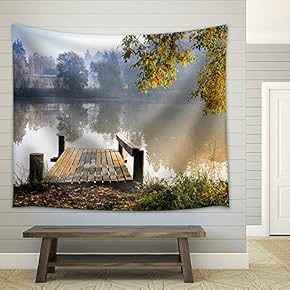 Autumn Landscape with Mist on The Lake and a Pier Bathing on Sunshine - Fabric Wall Tapestry Home Decor - 51x60 inches