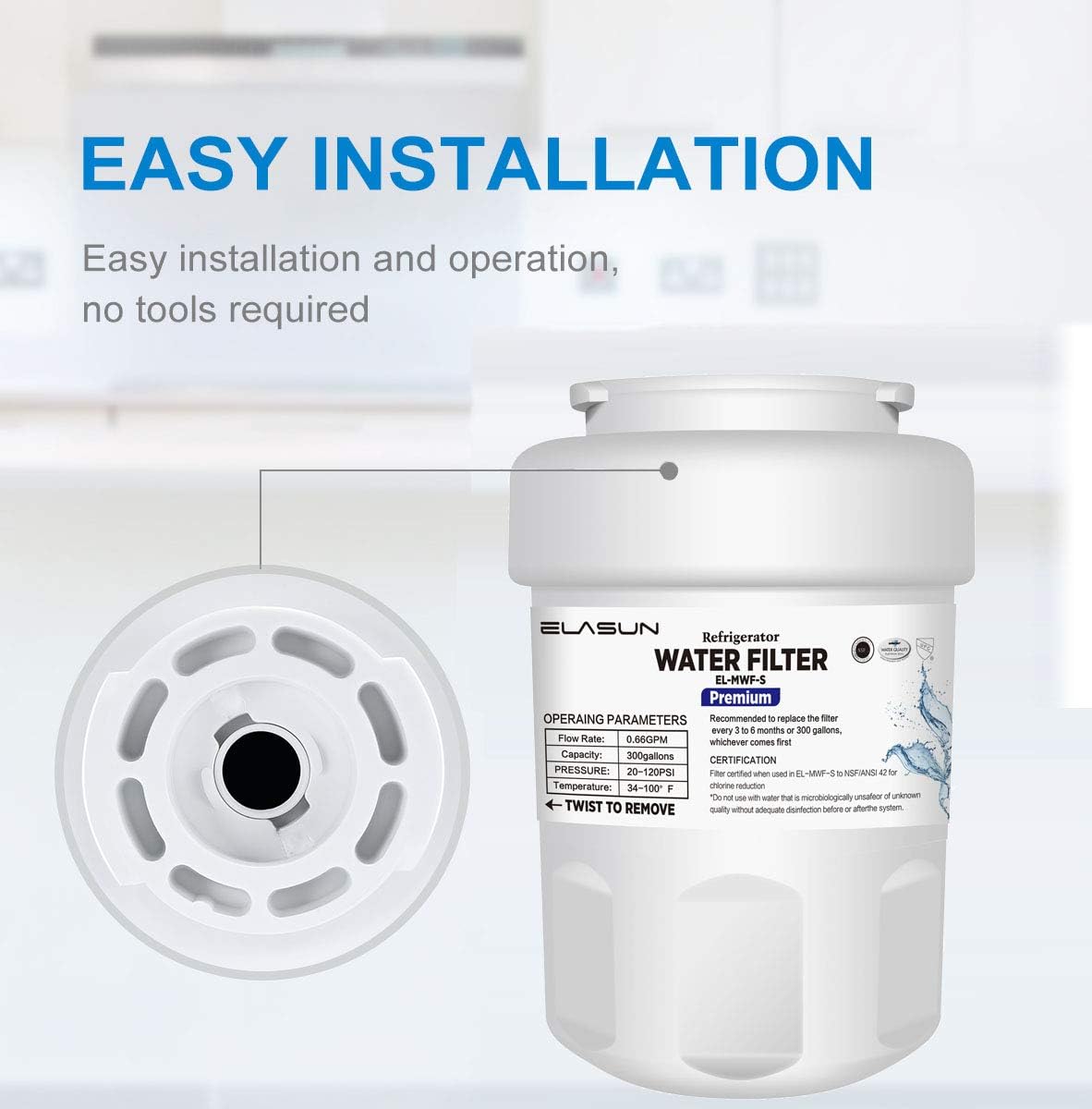 ELASUN Replacement GE MWF Refrigerator Water Filter, Compatible With EL-MWF-S MWF, MWFP, MWFA, GWF, GWFA,Kenmore 9991, 469991 Premium (3 Pack): Kitchen & Dining