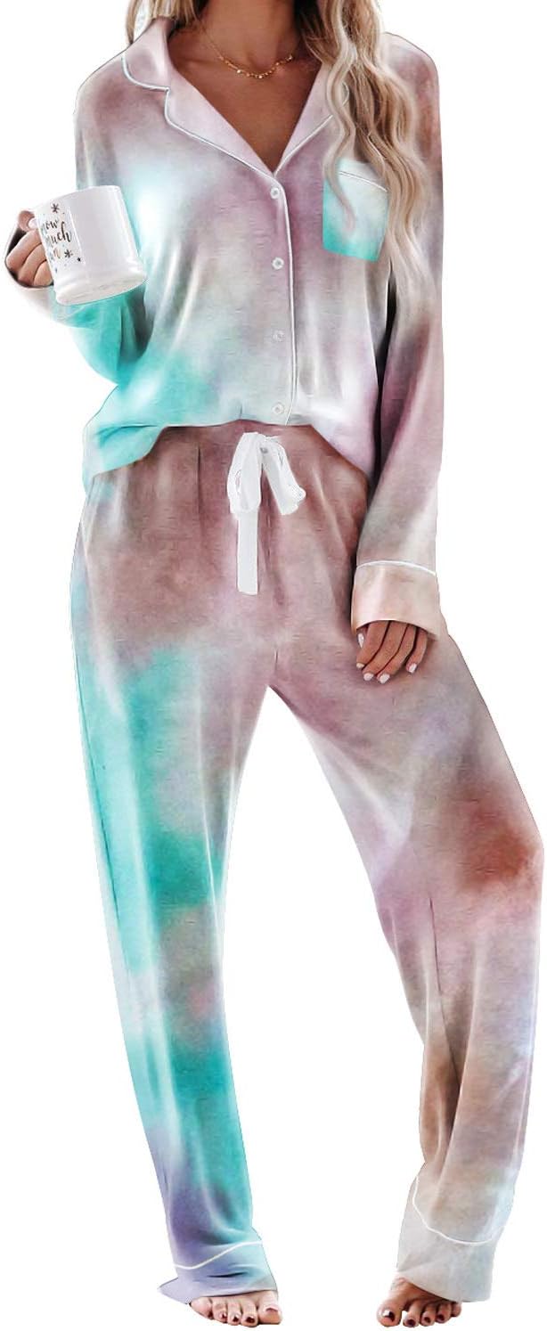 CANIKAT Women's Tie Dye Printed Long Sleeve Tops and Pants Long Pajamas Set Joggers PJ Sets Nightwear Loungewear