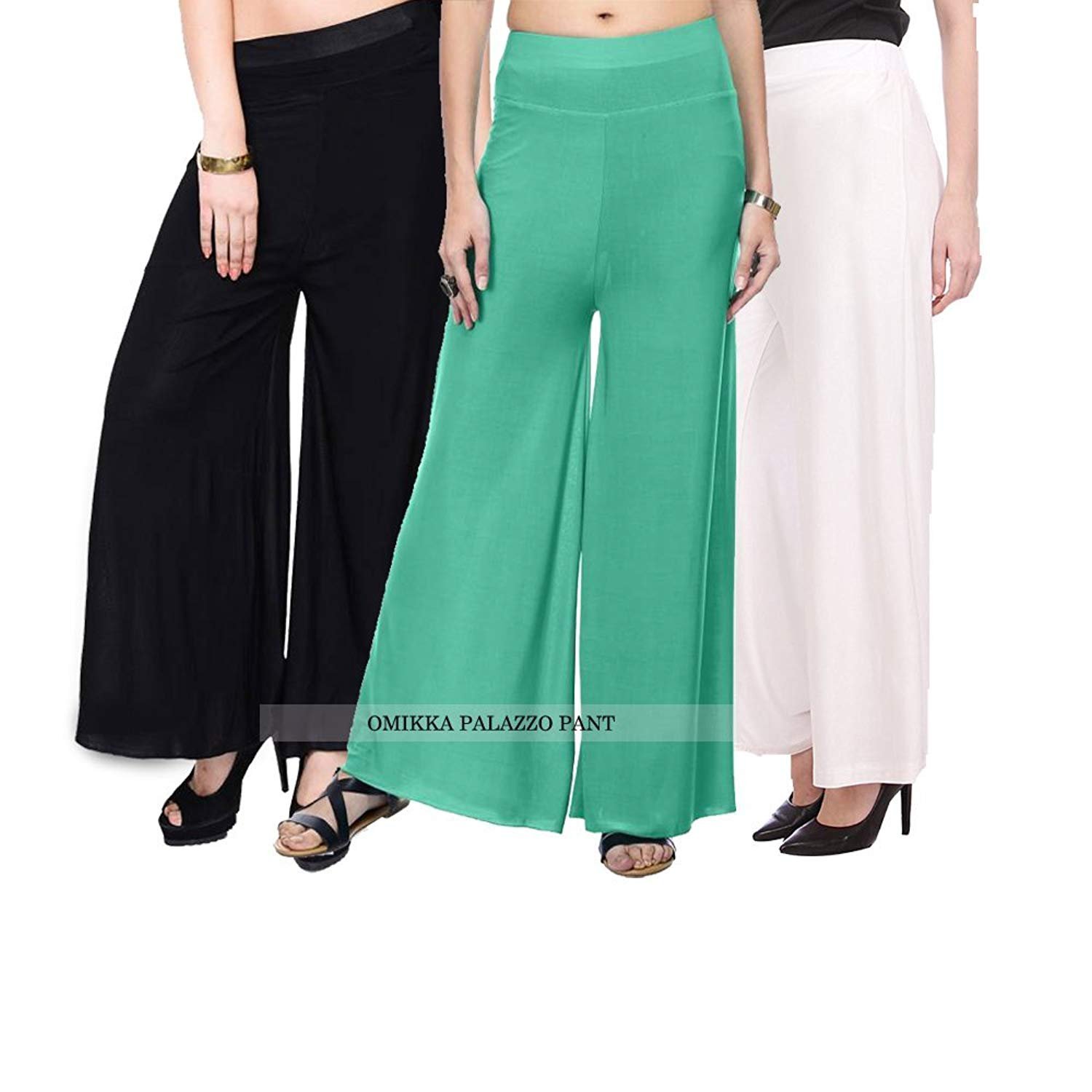 omikka women's stretchy malia lycra wide leg palazzo pants pack of 3 (free size)