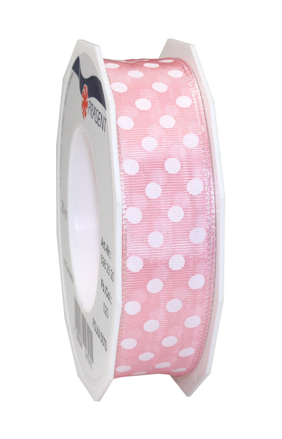 Präsent - Polka Dots Wired & Printed Ribbon Light Pink-White 25 mm Width, 20 m Length — image 1