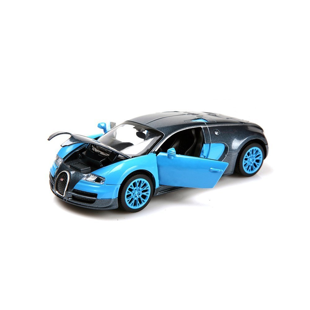 Berry President 1:32 Bugatti Veyron Diecast Scale Model Alloy Supercar Model Vehicle Simulation Toy for Children Electric Pull Back Cars Sound & Light - Birthday (CBlue)