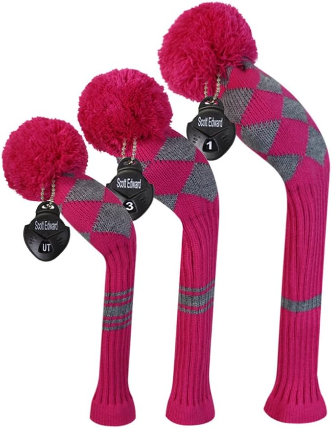 Rose Grey Color Argyle Style Golf Pom Pom Headcover Set of 3 for Driver, Fairway, and Hybrid