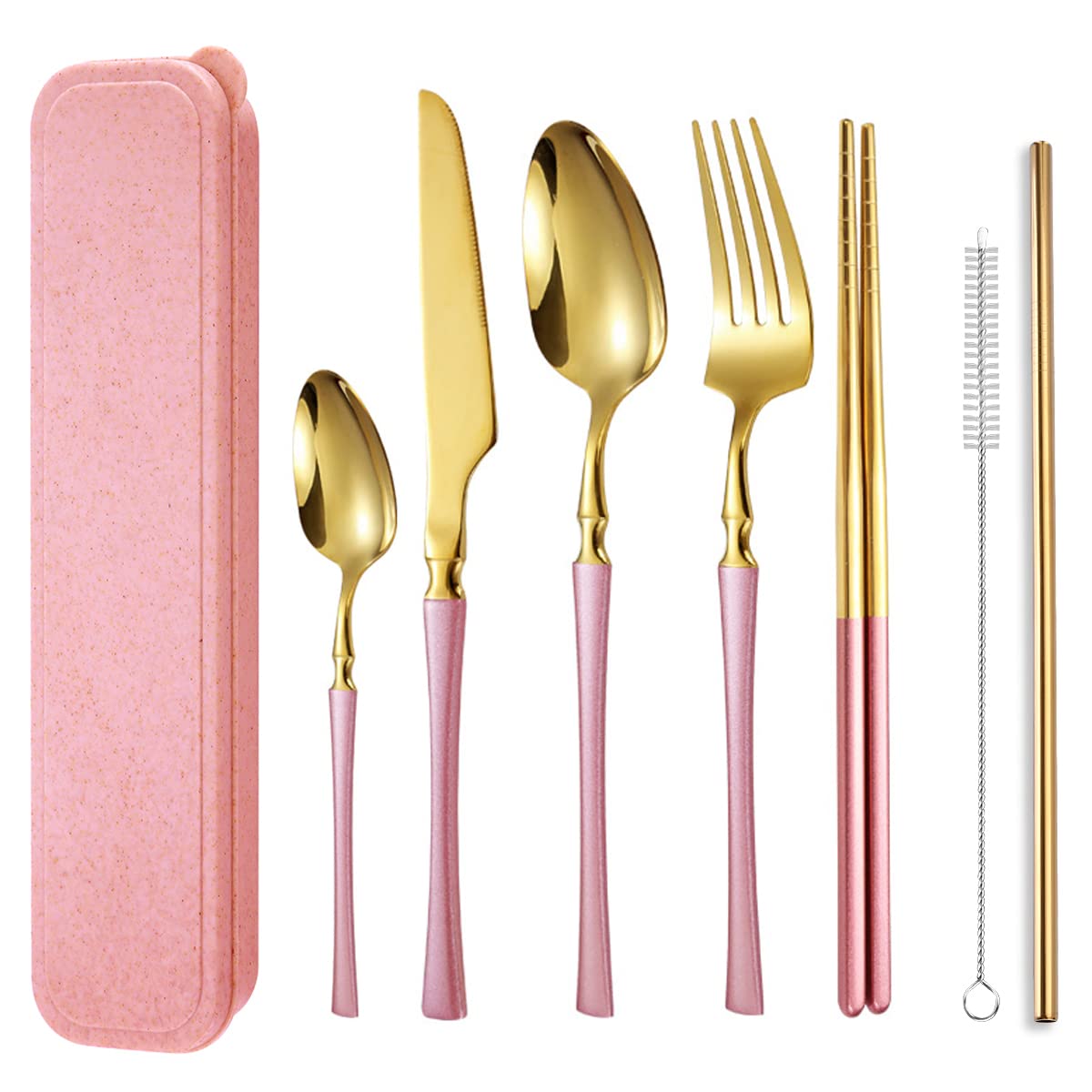 Photo 1 of AARAINBOW 7 Pieces Stainless Steel Flatware Set Portable Reusable Cutlery Set Travel Utensils Set Including Chopsticks Knife Fork Spoon Straws Cleaning Brush Dishwasher Safe (B-Pink Golden)