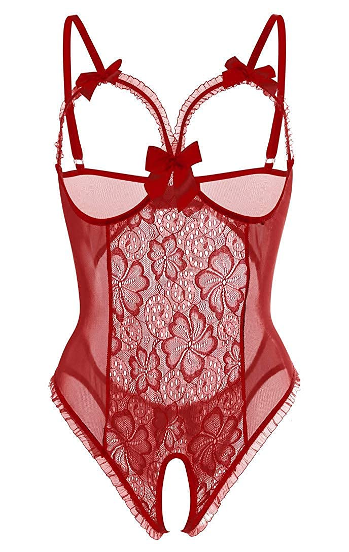 CheChury Sexy Lingerie Bodysuit for Women, Lace Babydoll One-Piece See-Through Bust Crotch Nightwear Teddy Halter Open Back Sleepwear Dark Red