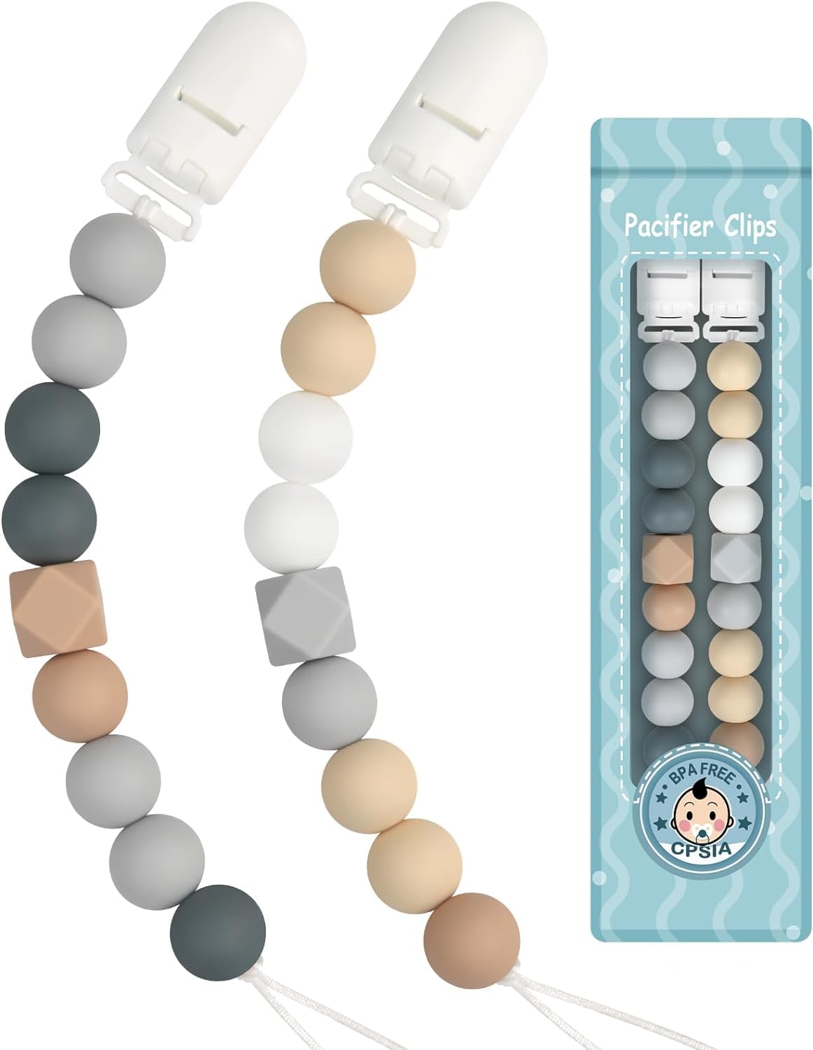 Kowlone Dummy Clips Boys Girls Silicone Soother Pacifier Chain Binky Holder Set for Teething Baby Unisex Newborn Dummies(Beige,Grey)