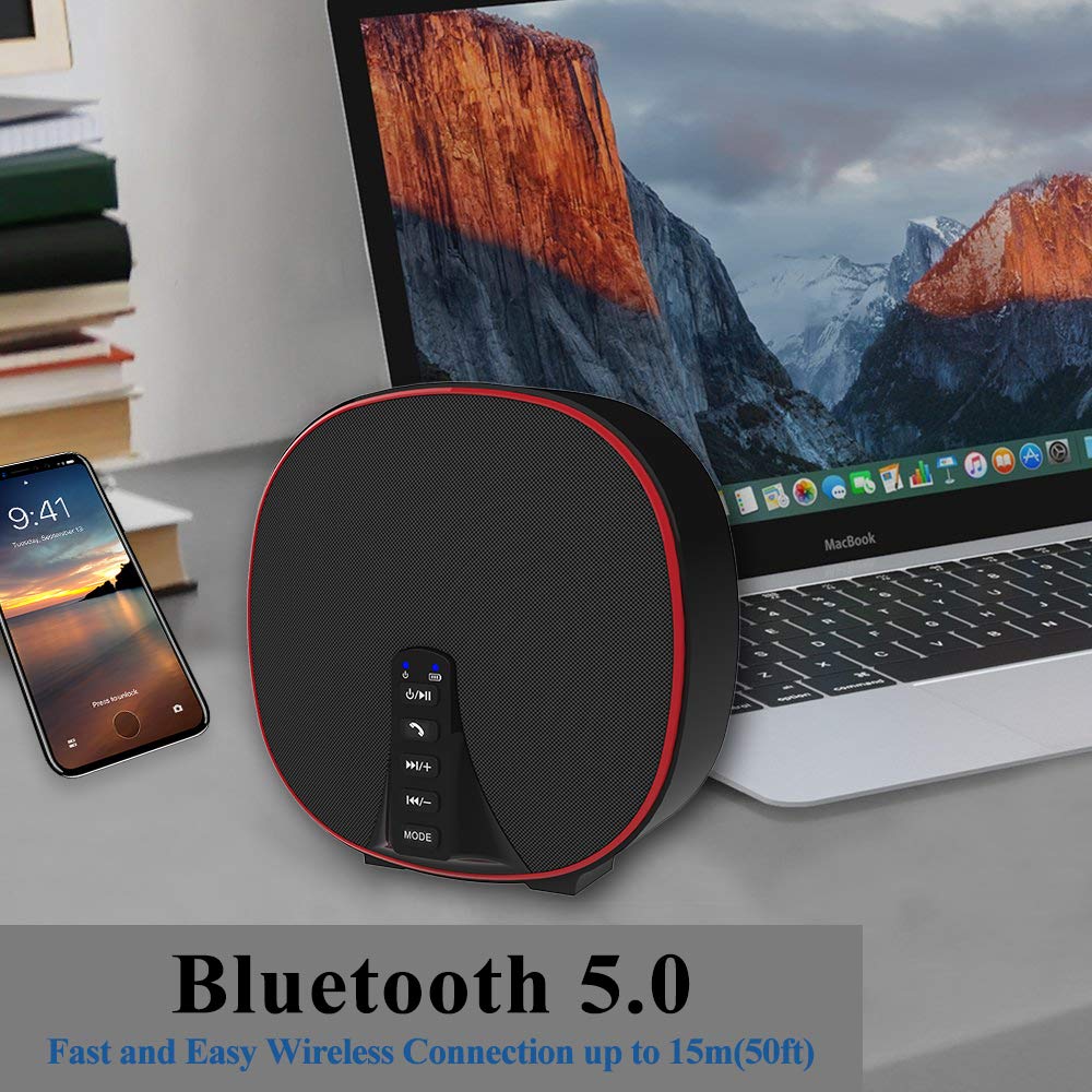 Wireless Portable Bluetooth Speaker 5.0 Build-in Mic HD Audio, Enhanced Bass, Radio Support, Hands-free Call and TF Card Slot, Stereo Sound for iPhone, Tablet, Android (DY52 Black-Red)