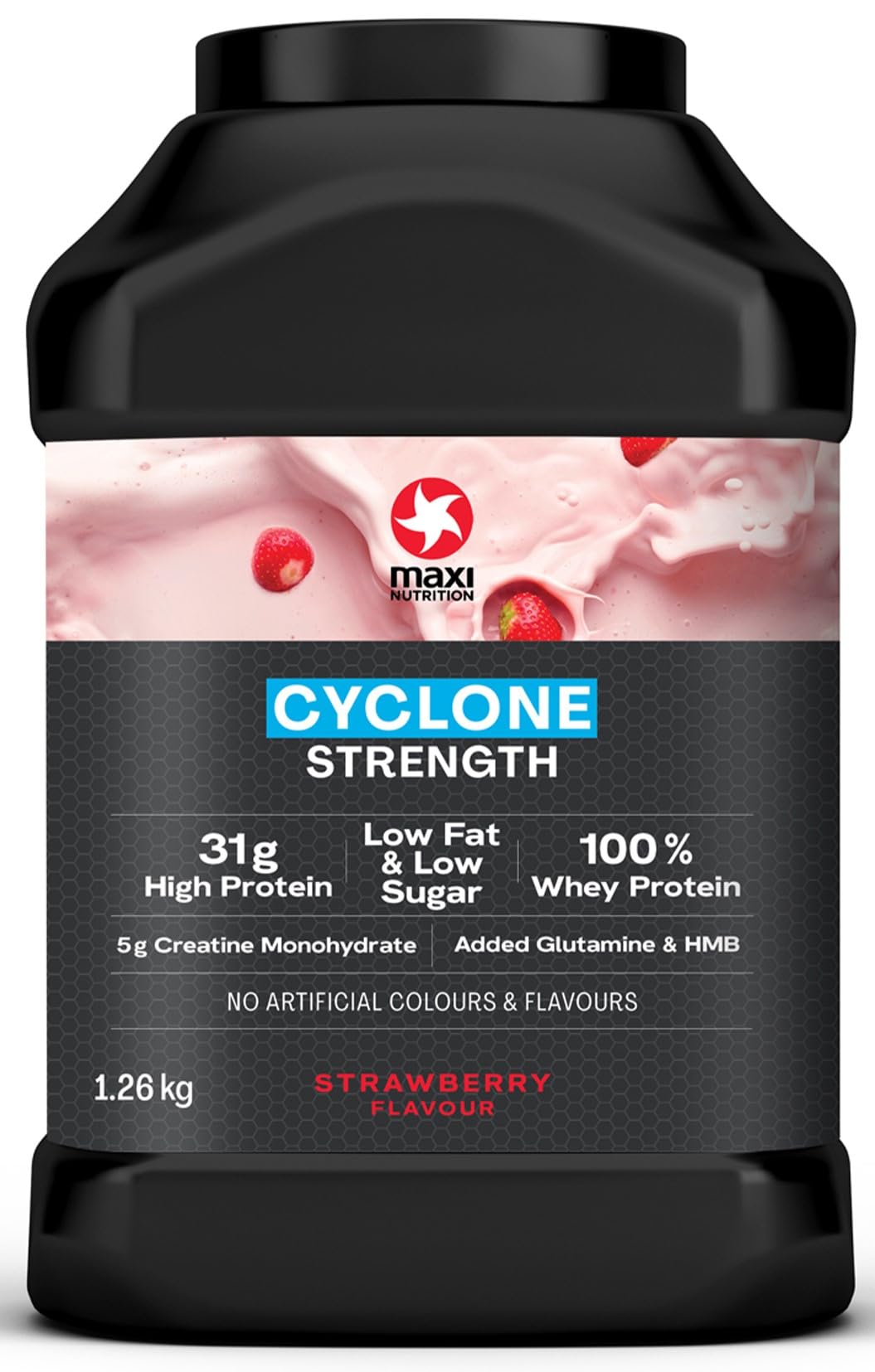 MaxiNutrition Cyclone, Strawberry - Premium Whey Protein Powder + Creatine, Glutamine & HMB – Low in Sugar and Fat, 31g Protein Shake Powder, 1.26kg. NO Artificial Colours OR Flavours